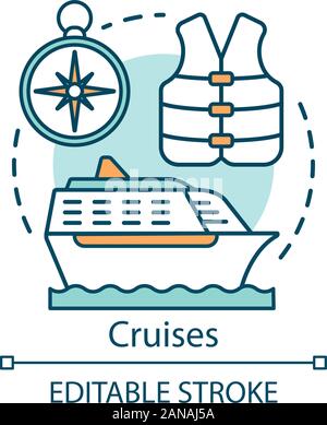 Concetto di crociere icona. Idea di viaggio linea sottile illustrazione. Nave dell'oceano. Giubbotto di nuotare e bussola. Crociera, vacanze estive. Il trasporto d'acqua. Ve Illustrazione Vettoriale