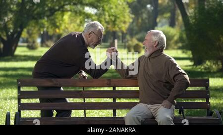 Senior grey-haired maschio braccio di avviamento wrestling concorrenza nel parco, amicizia Foto Stock