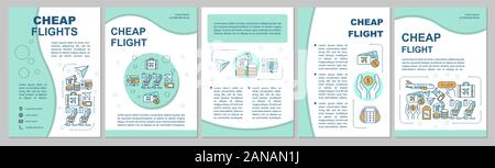 Voli economici modello brochure formato. Viaggi last minute, il basso costo dei biglietti. Volantini, opuscoli, depliant stampa design lineare con illustrazioni. Vettore p Illustrazione Vettoriale