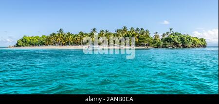 Cayo Levantado, Samana Bay, Repubblica Dominicana. Vista panoramica dei Caraibi isolotto con palme di cocco e spiaggia di sabbia bianca. Foto Stock