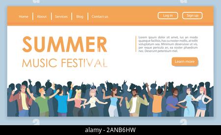 Festival Musicale Estivo landing page template vettoriale. La musica pop fest sito web idea di interfaccia con piatto illustrazioni. Aria aperta divertente layout pagina iniziale. La danza Illustrazione Vettoriale