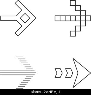 Tipi di freccia lineare set di icone. Pixel, sagomato, tratteggiate striped accanto, freccia rivolta in avanti. Punta di freccia mostra la direzione a destra. Linea sottile simboli di contorno. Isolat Illustrazione Vettoriale