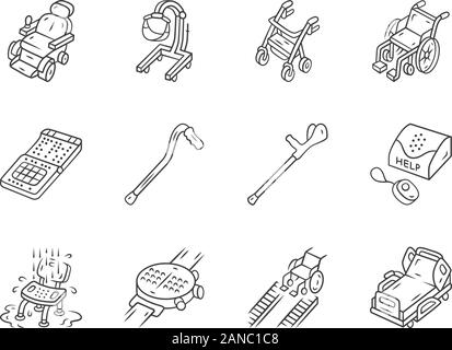 I dispositivi disattivati lineare set di icone. Un aiuto per la mobilità, i portatori di handicap di apparecchiature medicali. Strutture per paralizzato, anziani. Linea sottile simboli di contorno. Isola Illustrazione Vettoriale