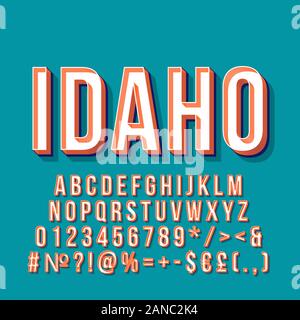 Idaho vintage vettore 3d caratteri. Retrò grassetto font, il carattere tipografico. La Pop art testo stilizzato. In stile vecchia scuola di lettere, numeri, simboli, elementi pack. 90s, 8 Illustrazione Vettoriale