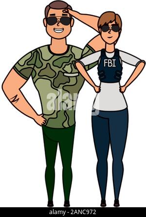 Giovane uomo militare con donna FBI agent Illustrazione Vettoriale