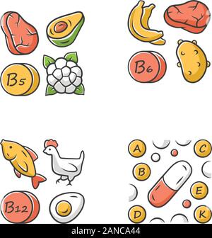 Vitamine le icone a colori set. B5, B6, B12 naturale di origine alimentare. Vitamina pillole. Frutta, carne e verdure. Una corretta alimentazione. Cibo sano. Assistenza sanitaria. Minera Illustrazione Vettoriale
