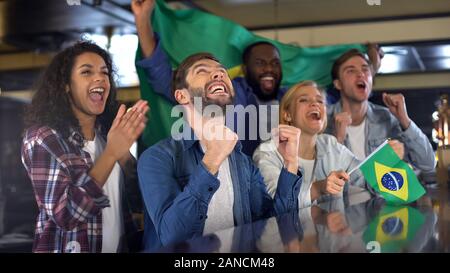 Estremamente felici i fan dello sport sventola Bandiera Brasile a sostegno della squadra nazionale Foto Stock