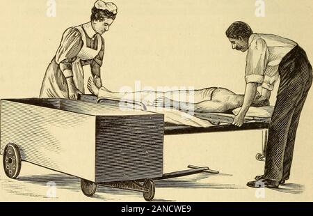 Un libro di testo di pratica terapeutica . Fig. 79.-l'uso di F. E. Lepri bath barella. Primo stadio. Fig. 80.-l'uso di F. E. Lepri bath barella. Seconda fase. Il paziente è sdraiato. In pochi minuti l'eccesso di condensa offinto la vasca e la scheda viene quindi sollevato sul letto di pazienti,che è ancora protetta dal foglio di gomma. Il paziente viene poi freddo la balneazione 573 sfilato dal consiglio di amministrazione su per la biancheria del letto e le necessarie handlingis completato. Foto Stock