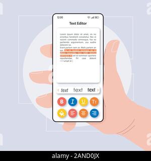 Editor di testo di interfaccia dello smartphone template vettoriale. Mobile App colore pagina layout di progettazione. Evidenziando le frasi di schermo. Interfaccia utente di piana per l'applicazione. Tenere in mano Illustrazione Vettoriale