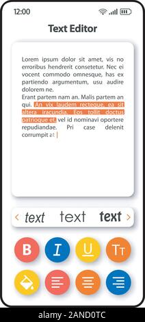 Modifica del testo del software di interfaccia dello smartphone template vettoriale. Mobile App colore pagina layout di progettazione. Evidenziando le frasi nella schermata attrezzo. Interfaccia utente di piatto per app Illustrazione Vettoriale