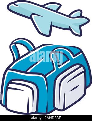 Volo, borsa da viaggio a colori con icone. Portare su duffel bagaglio, bagaglio pack. Borsetta per viaggi e turismo. Borsa con manici, tasche. In viaggio, viaggio equ Illustrazione Vettoriale