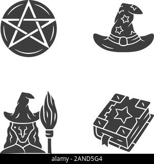 Magic glifo set di icone. Pentacolo, wizard hat, strega, scandire il libro. La stregoneria, occulta gli elementi rituali. Mistero di oggetti. Simboli di Silhouette. Il vettore isolato Illustrazione Vettoriale