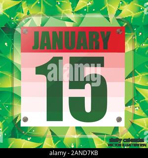 Gennaio 15 icona. Data di calendario per la pianificazione di importanti giorno con foglie verdi. Quindicesima di gennaio . Banner per i giorni festivi e giorni speciali. Illustrazione Vettoriale. Illustrazione Vettoriale