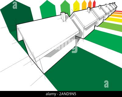 Sette case certificate in sette classi energetiche in energia schema di classificazione Illustrazione Vettoriale