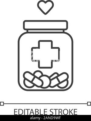 Aiuto medico icona lineare. Servizio infermieristico. Medical volontariato. Il corso di trattamento. Bottiglia con farmaci, cuore. Linea sottile illustrazione. Simbolo di contorno. Illustrazione Vettoriale