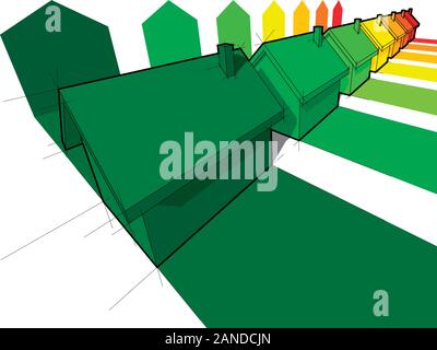 Sette case certificate in sette classi energetiche in energia schema di classificazione Illustrazione Vettoriale