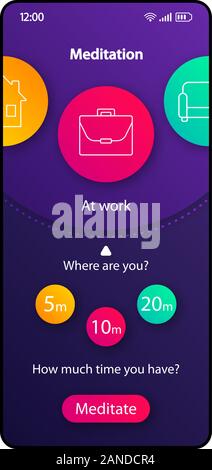 La meditazione di promemoria di interfaccia dello smartphone template vettoriale. Mobile App colore pagina layout di progettazione. Tempo di rilassamento nella schermata Notifiche. Interfaccia utente di piatto per appl Illustrazione Vettoriale