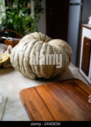 La preparazione e il taglio di una fresca zucca bio Foto Stock