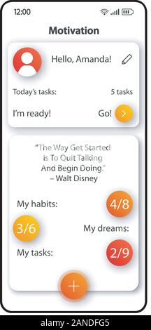 Motivazione le notifiche di interfaccia dello smartphone template vettoriale. Mobile App colore pagina layout di progettazione. Gli obiettivi personalizzati nella schermata di impostazione. Interfaccia utente di piatto per app Illustrazione Vettoriale