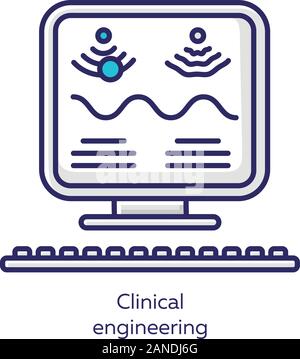 Ingegneria clinica di colore bianco e la relativa icona. Tecnologia Healthcare management. Ultrasuoni biomedica di utilizzo dell'attrezzatura. Medico moderno esame del computer. B Illustrazione Vettoriale