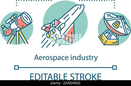 Industria aerospaziale concetto icona. Cosmo di esplorazione e di viaggio. Astronautica. Osservazione di oggetti spaziali, rocketry idea sottile linea illustrazione. Vect Illustrazione Vettoriale