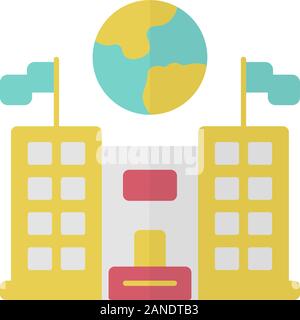 Centro di immigrazione design piatto lungo ombra il colore giallo e la relativa icona. Ambasciata e il consolato edificio. Amministrativa struttura governativa. Globo terrestre su Illustrazione Vettoriale