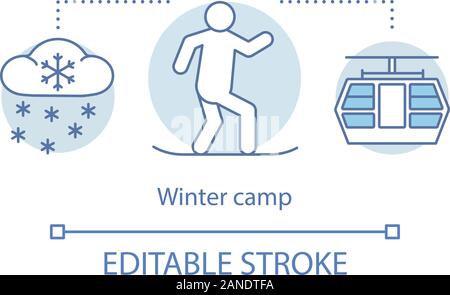 Winter Camp concetto icona. Escursioni in montagna e sci club, holiday resort idea sottile linea illustrazione. Viaggiare in boschi, backpacking nella foresta. Vec Illustrazione Vettoriale