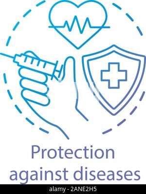 Protezione contro virus, malattie concetto icona. Idea di vaccinazione sottile linea illustrazione. Uno stile di vita sano, inoculo .scudo con la croce, la siringa Illustrazione Vettoriale