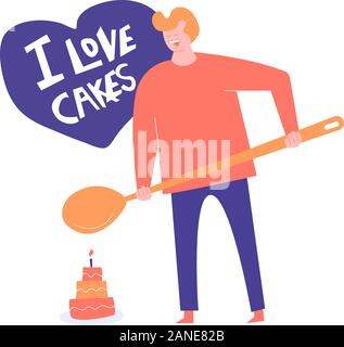 Uomo con un grosso cucchiaio è di andare a mangiare una fetta di torta Illustrazione Vettoriale