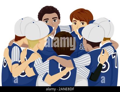 Illustrazione dei ragazzi adolescenti Sport Team Baseball Club indossando Maglia blu riuniti in un Huddle Foto Stock
