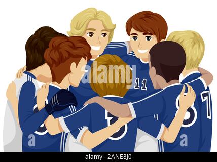 Illustrazione dei ragazzi adolescenti Sport Team Football Club indossando Maglia blu riuniti in un Huddle Foto Stock