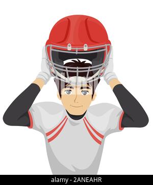 Illustrazione di un giocatore di football Teenage ragazzo indossa uniformi e mettendo sul casco prima che il gioco Foto Stock