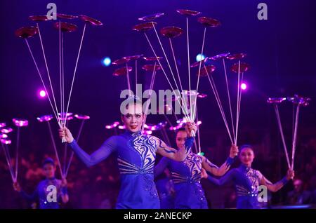 Monte Carlo. 16 gennaio, 2020. Acrobati dalla Cina Shandong Troupe acrobatica eseguire durante la 44a Montecarlo Festival Internazionale del circo di Monaco, gen. 16, 2020. Il festival del circo ha dato dei calci a fuori qui il giovedì. Credito: Gao Jing/Xinhua/Alamy Live News Foto Stock