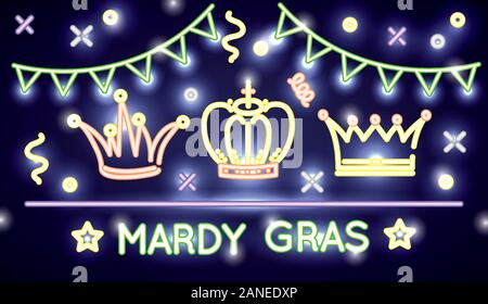 Mardi grass etichetta con luci al neon Accessori Illustrazione Vettoriale