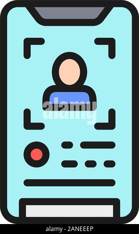 Verifica facciale su uno smartphone, faccia telefono identificazione linea di colore icona. Illustrazione Vettoriale