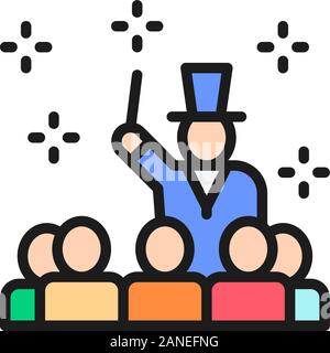 Presentatore e pubblico, guidata, circus show piatta linea colore icona. Illustrazione Vettoriale