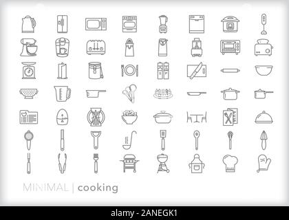 Set di oltre 50 icone di linea di cottura per la preparazione di cibo a casa o in un ristorante, elettrodomestici da cucina, utensili e utensili Illustrazione Vettoriale