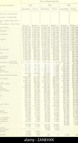 Importazioni di fattoria e prodotti forestali, 1901-1903, dai paesi da cui spediti . ,250 20,820 9, 157,680 15,054, 102,340,303 16 dollari. 4,238,501 2,827,207 2,380,503 I. 503. MM 1,161,301 714.509 703,173 512,035 430,992 345,291 236,249 217,944 202,615 186,346 157,445 5,940 159,780 134,556 110,795 70, 155 51.705 14,776 10,528 21,830 19,894 19,692 [6,803 15,064 10, 729 9, 837 7,5V. Ho 3,8703,5693,018 5,397 1. 195 1,003 731 323 296 1.980 a tranne sheepskins con la lana. [MPORTS DELL AZIENDA E PRODOTTI FORESTALI, 1901-1903. 25 Tabella 7. La quantità e il valore delle importazioni di fattoria e forche! Prodotti 1901 Foto Stock