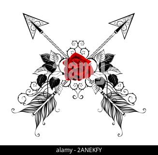 Due incrociati, frecce modellato decorato con red, fioritura di rose con il nero di foglie e di steli su sfondo bianco. Lo stile di tatuaggio. Illustrazione Vettoriale