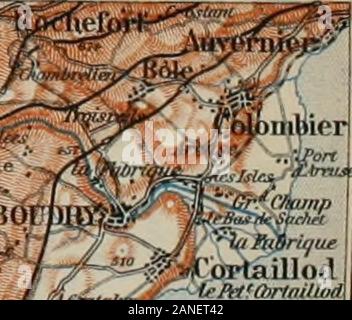 La Svizzera e le adiacenti porzioni di Italia, Savoia, e TyrolHandbook per viaggiatori . e San Sulpice(vedere p. 223). Di fronte, più avanti, sono asfalto-mine. - 17 M.Couvet (2418; Ecu de France), una graziosa cittadina. Qui e a Motiersand Fleurier, ottimo assenzio è fatta. Diligenza per due volte al giorno in 2 ore. 10 min. (one-horse carr. 10 fr.)(7 M.) La Brevine {MBO;, HoteT), una salute-resort con una molla chalybeate. La linea di nuovo risale il versante nord della valle. Di fronte, farbelow, giace Motiers-Travers (2425; Maison de Ville), dove bypermission di il prussiano governatore generale Keith, Roussea Foto Stock