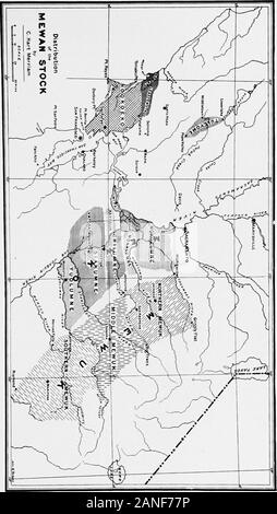 L alba del mondo; Miti e Weird Tales raccontata dagli Indiani Mewan della California . minore scollegato le zone a nord di San FranciscoBay- uno all'interno, raggiungendo dal Papa Val-ley all'estremità sud di Clear Lake e l'altro su thecoast, dal Golden Gate nord fino quasi a themouth del fiume russo. (Vedere accompanyingmap.) attualmente i resti di fuga del Mewuktribes sono disseminati su tutto il loro territorio vecchio thewest sul fianco della Sierra; il pugno che remainof Tuleyome la tribù si sono raccolti in un smallrancheria su Putah Creek nella contea del lago; mentreil unici sopravvissuti della Hooko Foto Stock