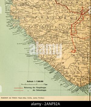 Auf dem wege nach Atlantis; bericht über den verlauf der zweiten reise-periodo der D.io.a.f.ein den Jahren 1908 bis 1910 . REISEWEC DER DEUTSCHEN INNERAFRlFORSCHUNGSEXPEI 1907-1909 5M WWR1V JTT - ,mi è!" -&GT;l i^Tuur,,,.. :/|^Ä.;.";™;?y&GT;^jä^ %-^H^pC^^riJV /344&GT;M^OUibP^^!&LT;£? A4 ^/h* - 1 1^. Ausschnitt aus Srielers Hand-Atlas. (Gotha, Justus Perthes) Tafel Nr. 1 Foto Stock