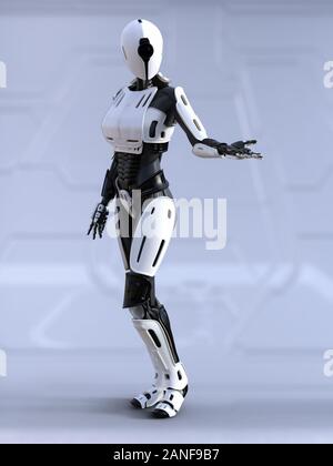 3D rendering di un robot androide femmina in piedi con il suo braccio fuori come lei sta mostrando qualcosa. Futuristico concetto ia. Foto Stock
