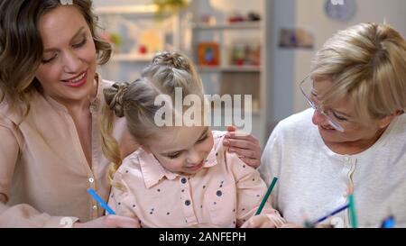 Femmina i membri di famiglia insegnamento kid per disegnare, l'educazione dei bambini, genitori attenzione Foto Stock