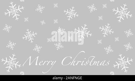 Merry Christmas greeting card design su uno sfondo grigio con i fiocchi di neve Foto Stock
