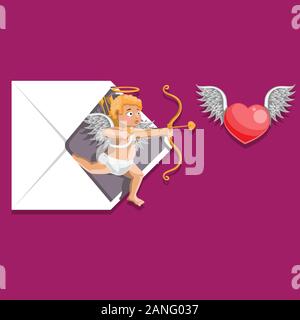 Giorno di San Valentino la busta Cupido bow freccia sul cuore isolato sfondo. Immagine vettoriale. Cartoon Illustrazione Vettoriale