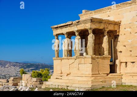 Portico delle fanciulle, il portico di Eretteo all Acropoli di Atene, Grecia Foto Stock