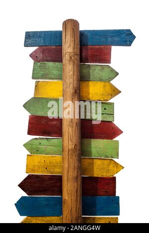 Polo multicolore guidepost con un sacco di destinazioni frecce. Isolato su bianco Foto Stock