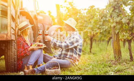 Coppia avente un romantico picnic con degustazione di vino in vigna in autunno Foto Stock