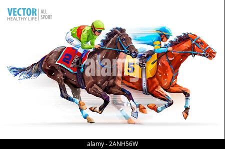 Due cavalli da corsa in concorrenza gli uni con gli altri. Sport. Campione. Ippodromo. Racetrack. Equestrian. Derby. Velocità. Illustrazione di vettore isolato su bianco b Illustrazione Vettoriale